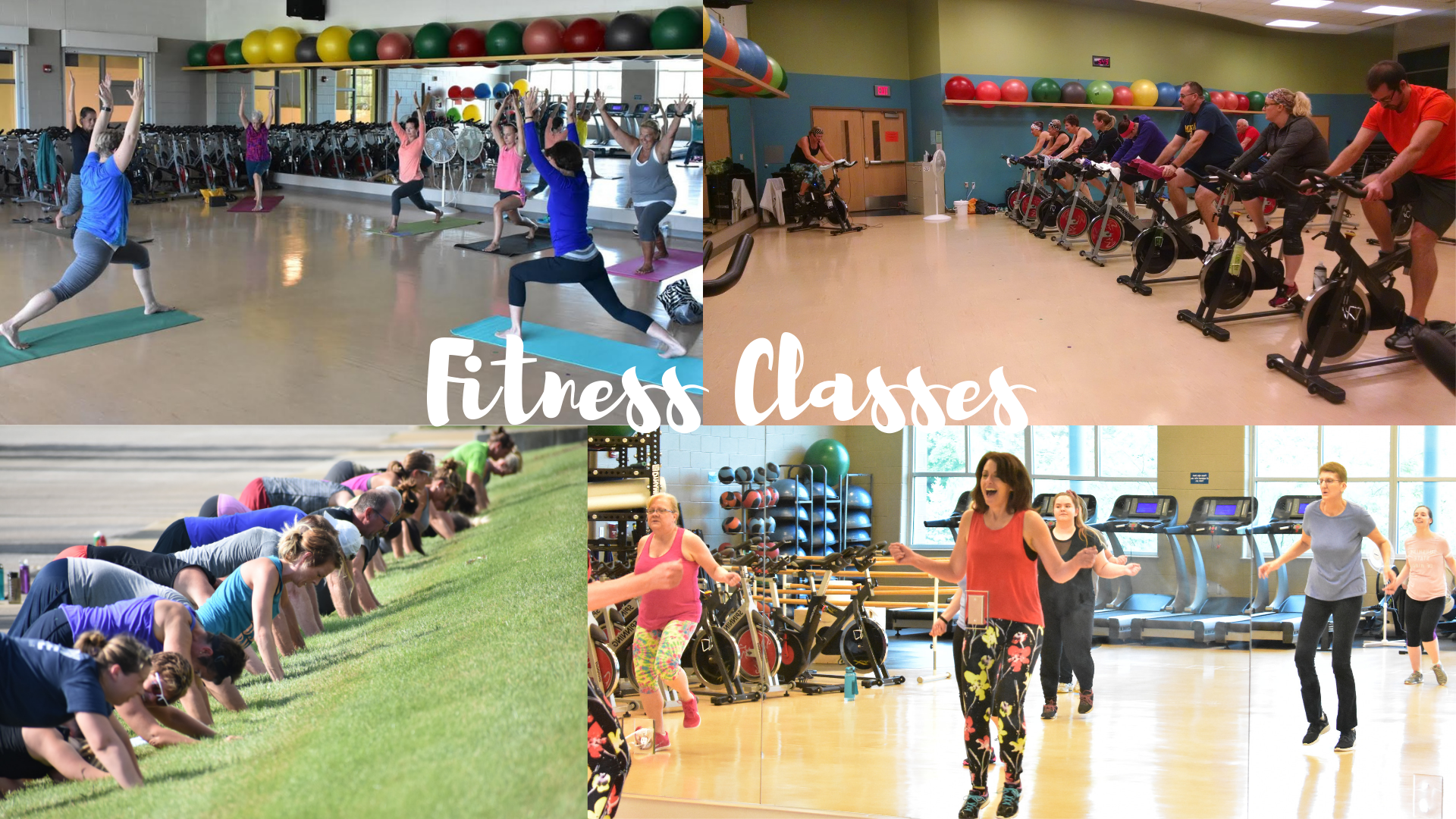 Adults in spin class, zumba and yoga