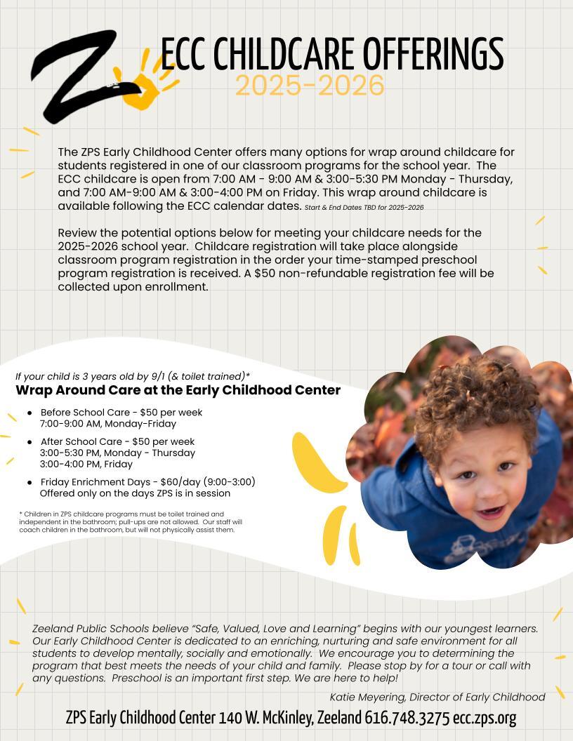 The image shown here shares the program offerings for the 2025-2026 school year wrap around childcare at the ZPS ECC